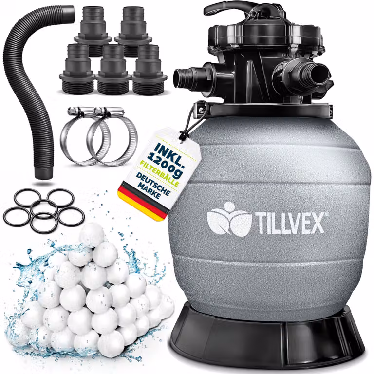 Filtro a sabbia per piscina tillvex® senza pompa + 1200 g di sfere filtranti per piscine fino a 50 m³ (50.000 litri) | Vasca del filtro per piscina con adattatore Ø 32-38 mm | Vasca del filtro a sabbia con valvola a 7 vie, manometro e tubo di aspirazione