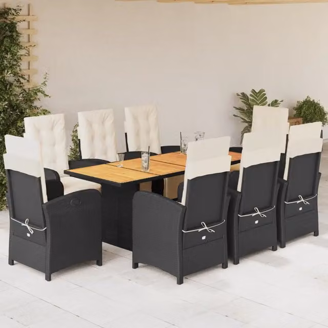 Set da pranzo da giardino vidaXL in polyrattan nero con cuscini e tavolo in legno di acacia per terrazzo o balcone