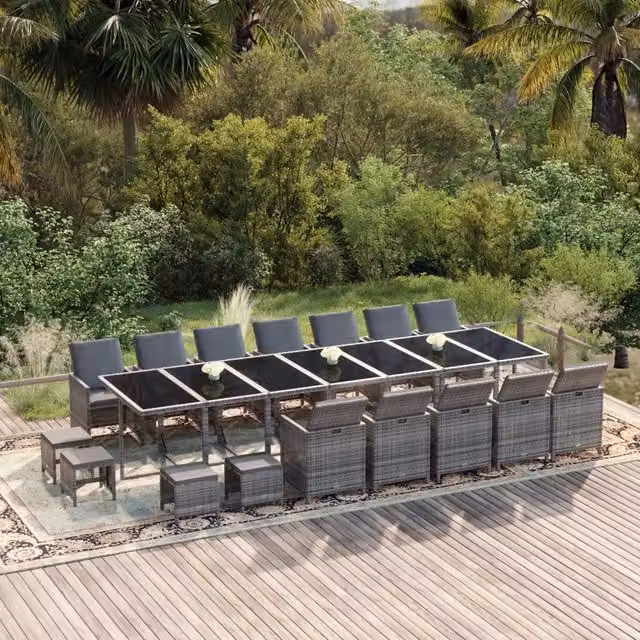 Set da pranzo da giardino vidaXL in polyrattan con cuscini e tavolo in vetro, 21 pezzi, grigio e nero