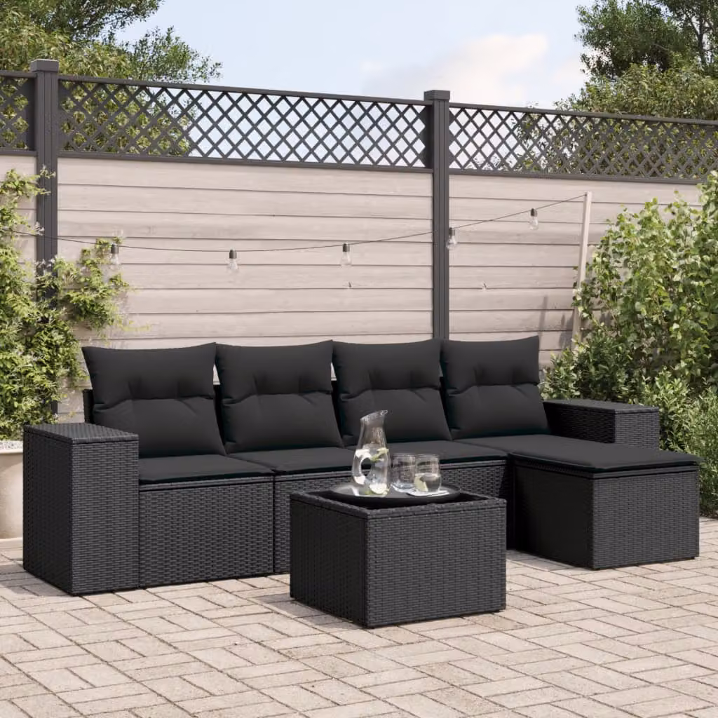 vidaXL Set Divano da Giardino a L 6 pz in Polyrattan Nero con Cuscini e Tavolino da Caffè – 1