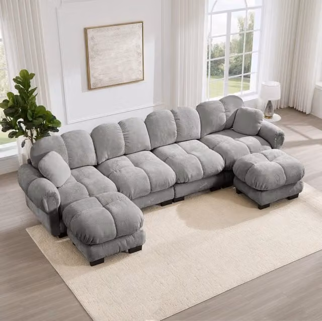 Divano modulare angolare a U 330x149x90 cm in ciniglia con pouf mobili; grigio chiaro