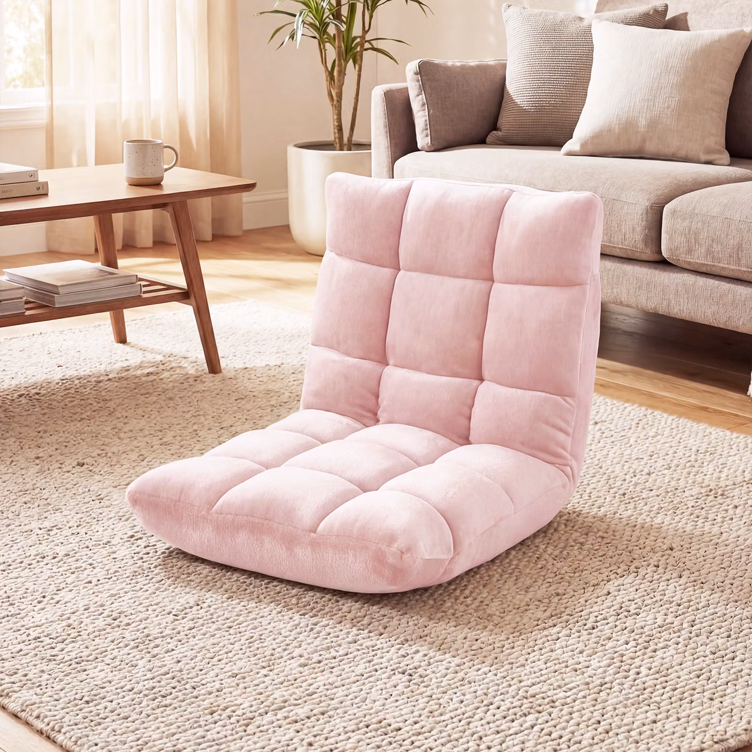 Sedia da pavimento Costway con cuscino imbottito e schienale reclinabile a 14 livelli, poltrona pieghevole rosa per soggiorno e camera da letto