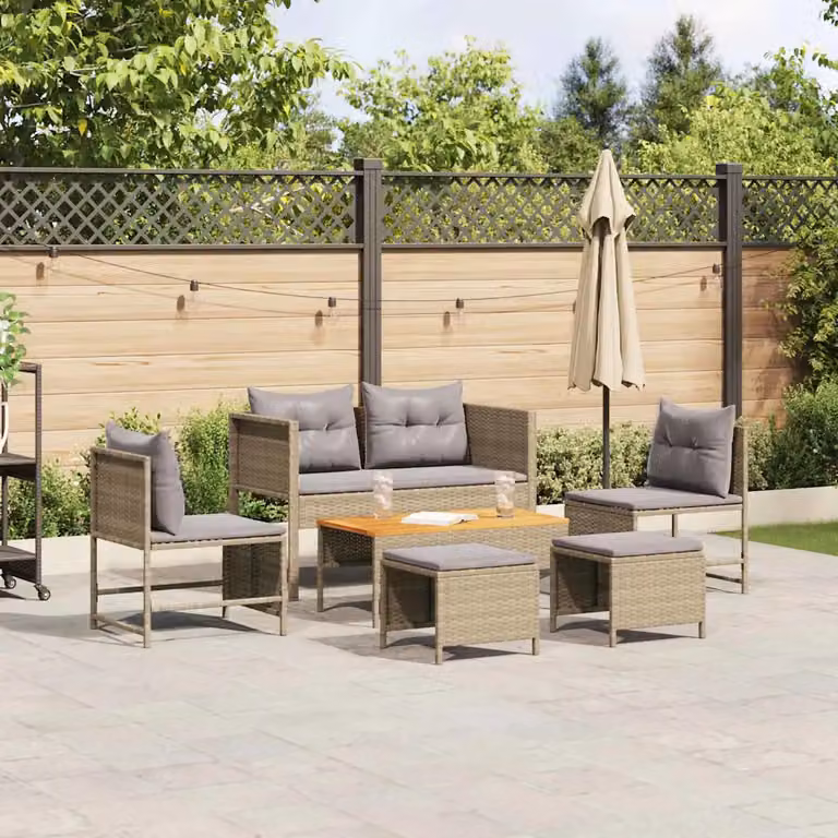 Set Divano da Giardino vidaXL 6 Pezzi in Polyrattan con Tavolino e Pouf, Colore Beige e Grigio
