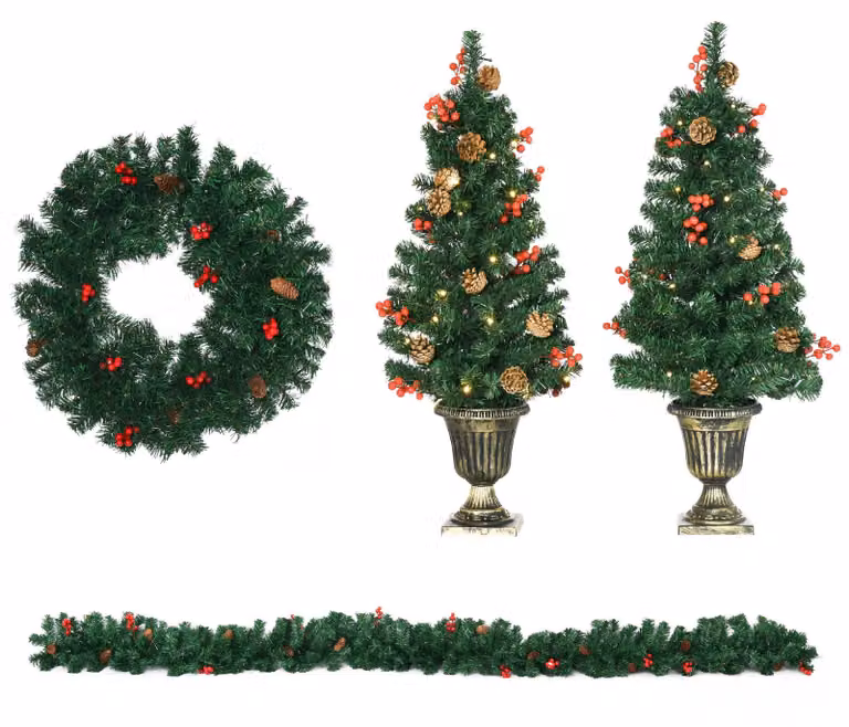 Set Decorazioni Natalizie 4 Pezzi 2 Alberelli di Natale Ø40x90 cm Ghirlanda Natalizia e di Natale