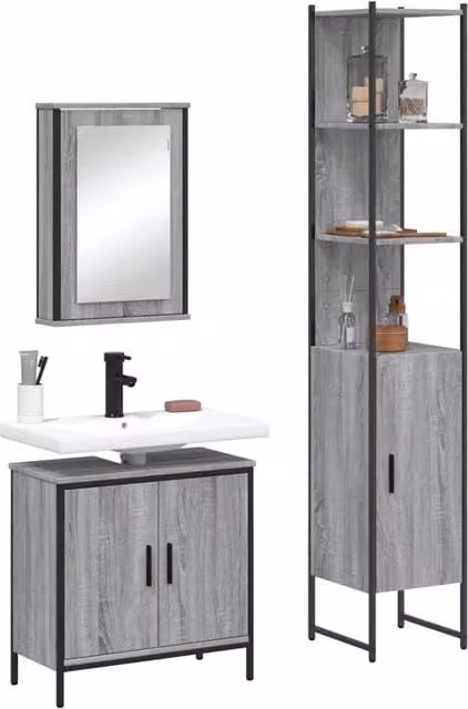 Set Mobili da Bagno 3 pz Grigio Sonoma in Legno Multistrato 3214803