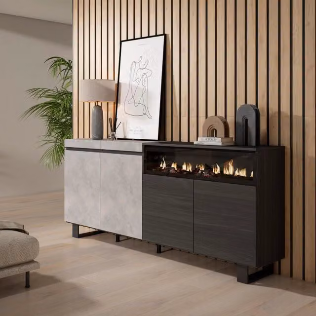 Credenza, Mobile, 200x35x87cm, 4 Porte, Camino elettrico, Design industriale, grigio cemento RF2414