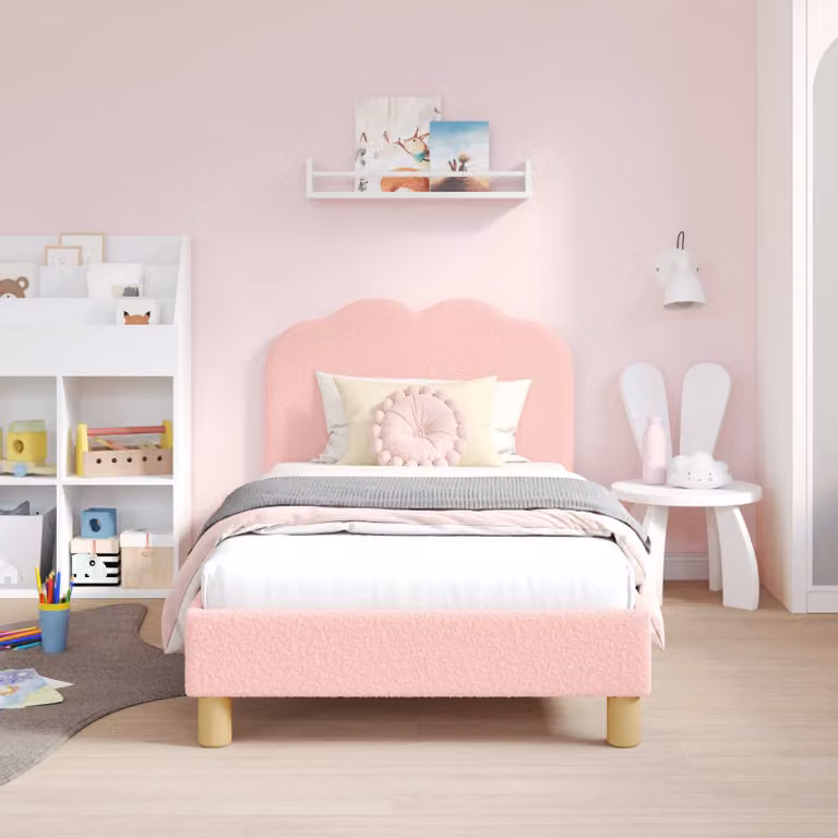 Struttura letto per bambini vidaXL con testata in tessuto bouclé rosa, L 160 x P 80 x H 84 cm