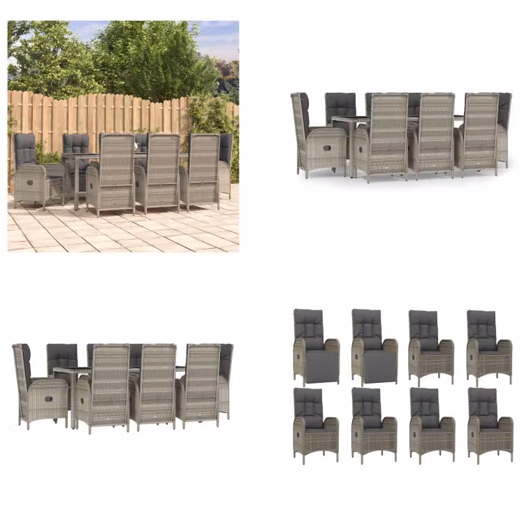 vidaXL Set da pranzo da giardino 9 pezzi con cuscini in poly rattan grigio - Set da pranzo da giardino - Set da pranzo da giardino - Set da pranzo da terrazza