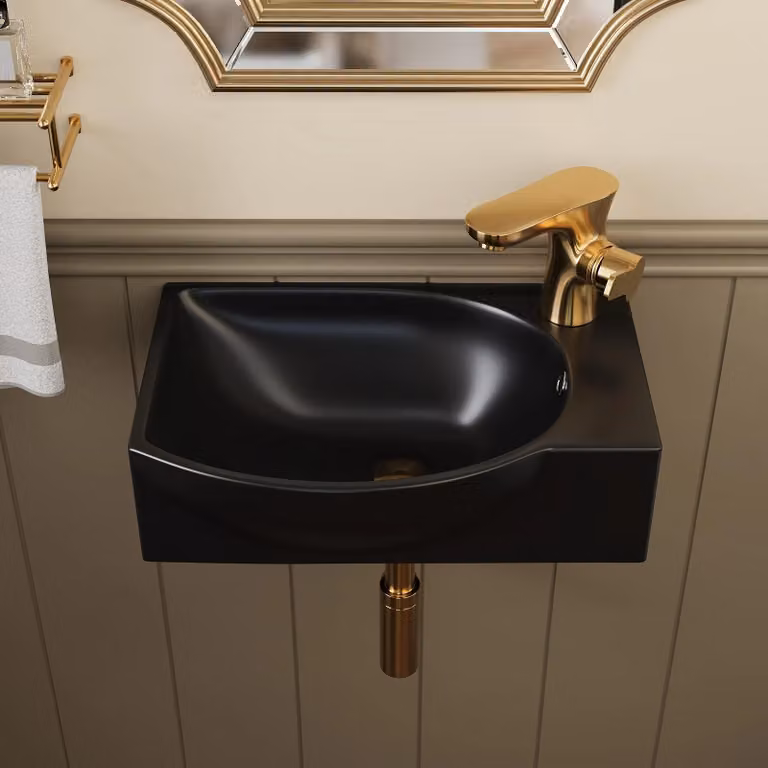 Lavabo sospeso a parete - Lavabo in Vetroceramica rettangolare - 40 x 28 cm - Nero - Foro del rubinetto a destra - Con troppolo - Miscelatore monocomando