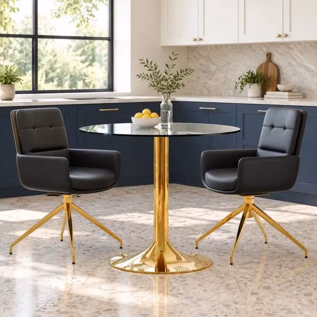 Set da pranzo con tavolo rotondo in vetro temperato Ø 85 cm e 2 sedie girevoli nere con struttura metallica dorata