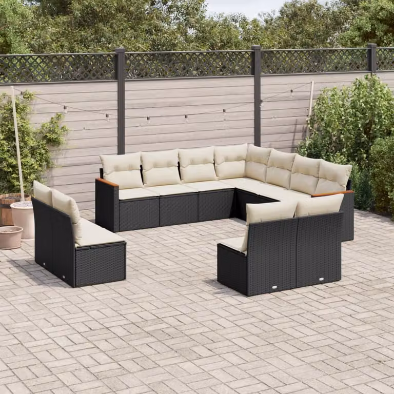 vidaXL Set Divani da Giardino 11 pz in Polyrattan Nero con Cuscini e Struttura in Legno di Acacia
