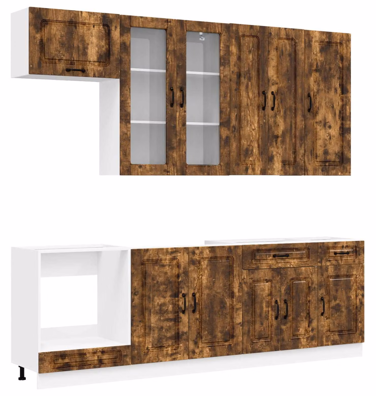 Set da cucina KALMAR, 8 pezzi, realizzato in legno impiallacciato di quercia affumicata