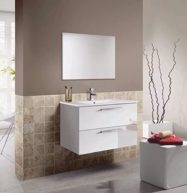 Mobiletto bagno sospeso DMORA Albino bianco lucido con specchio e cassetti, L: 80 cm, P: 45 cm, H: 57 cm