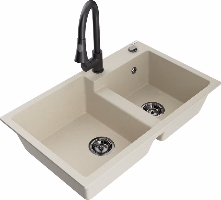 Mexen Tomas lavello in granito a 2 vasche con rubinetto da cucina Elia, beige - 6516-69-670101-70