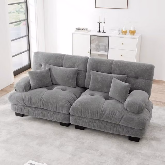 Divano angolare modulare in chenille con cuscini lombari e decorativi schienale ergonomico per soggiorno grigio