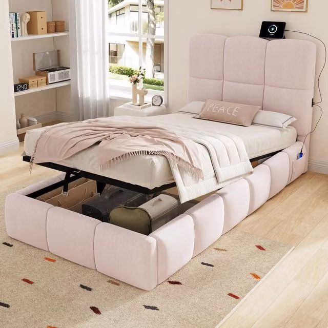 Letto singolo per bambini Mivray in velluto rosa con contenitore idraulico, rete a doghe e porta di ricarica USB-C, L/P/H: 90 x 200 x 103,5 cm