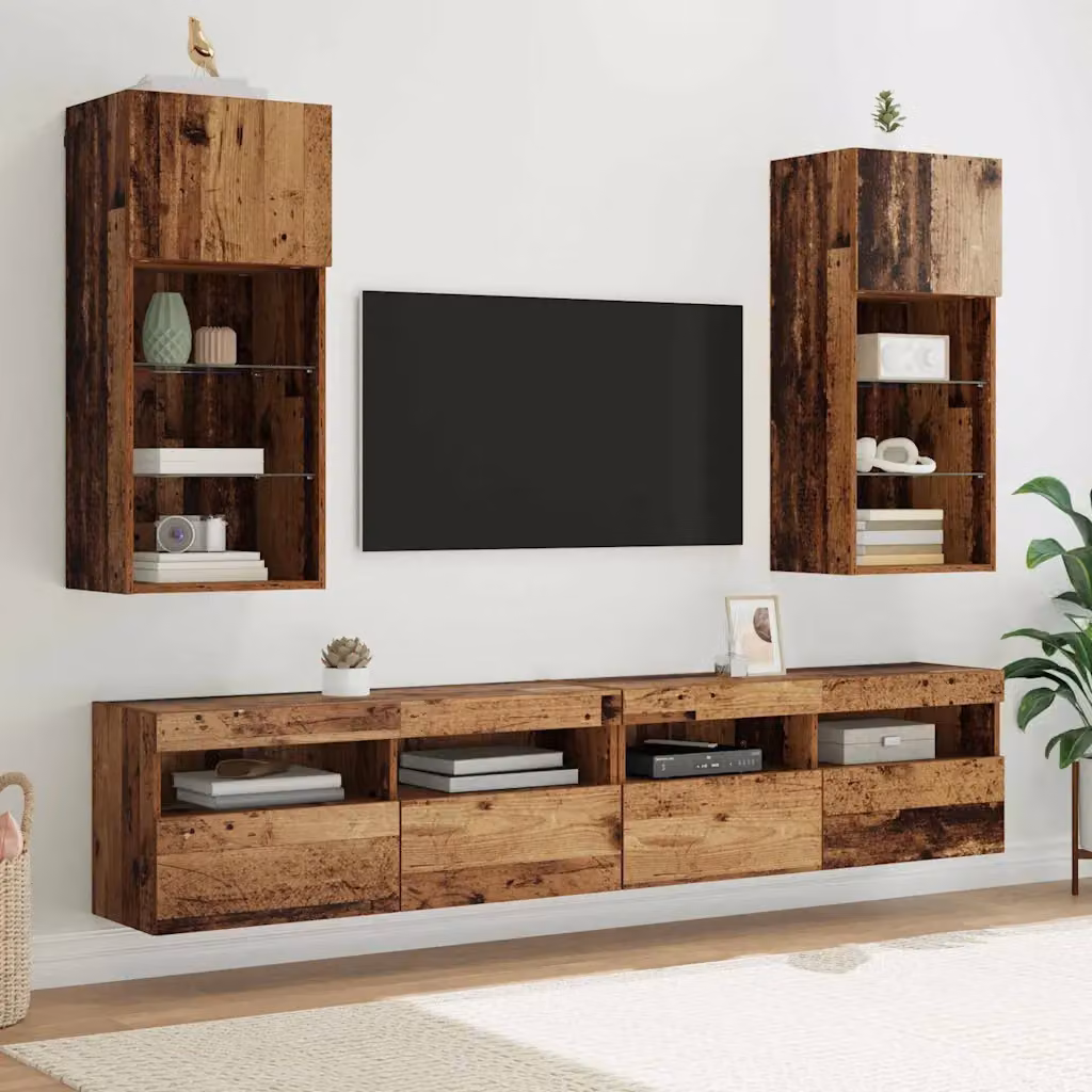 Set di 2 Mobiletti TV da parete vidaXL in legno marrone con illuminazione integrata, L/P/H: 90 x 40,5 x 30 cm