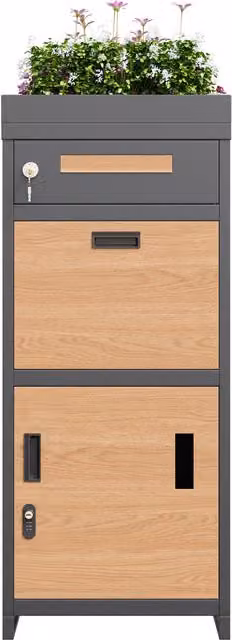 Porta pacchi e cassetta postale GL Store con fioriera integrata in acciaio zincato, H: 118,5 cm, L: 50 cm, P: 37 cm, Grigio e Marrone