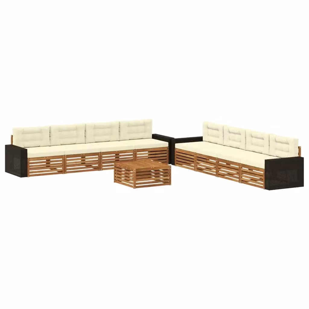Set di divani da esterno a forma di U con tavolino da caffè vidaXL, in legno di acacia e tessuto beige e bianco, composto da 9 pezzi – 2