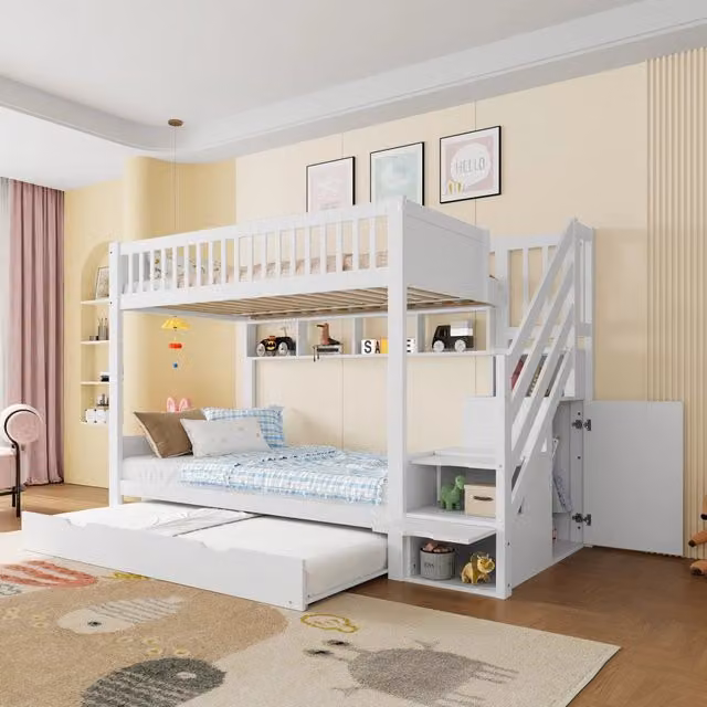 Letto a castello bianco 90x200 cm per bambini con letto estraibile, armadio, mensole e scala a contenitori