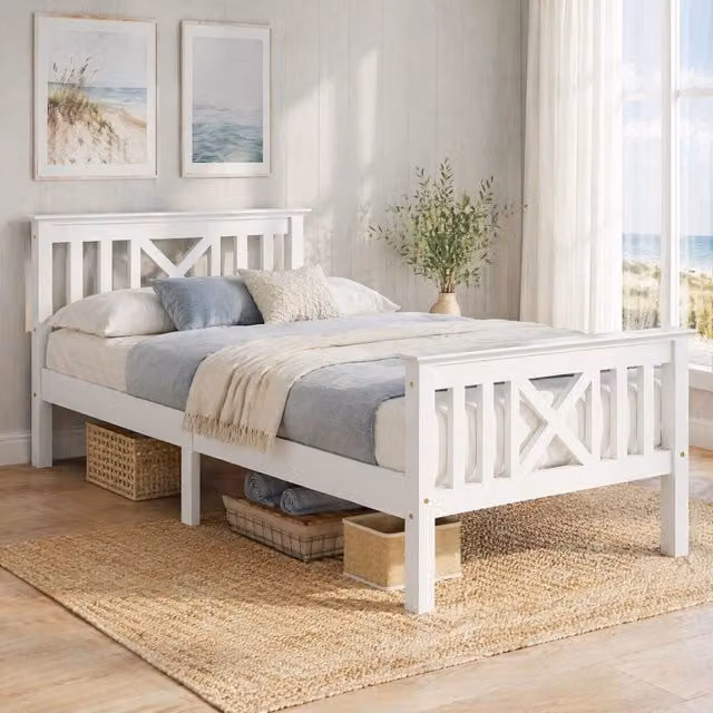LETTO singolo 90x200 cm in legno massello bianco con testiera a X