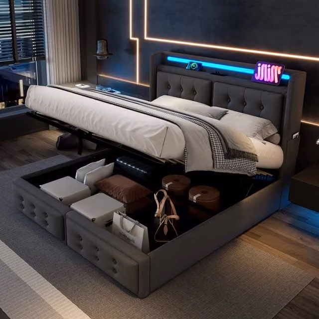 Letto imbottito REDOM con base a sollevamento, illuminazione LED e porte USB, tessuto grigio o beige, L/P/H: 140 x 200 x 109 cm