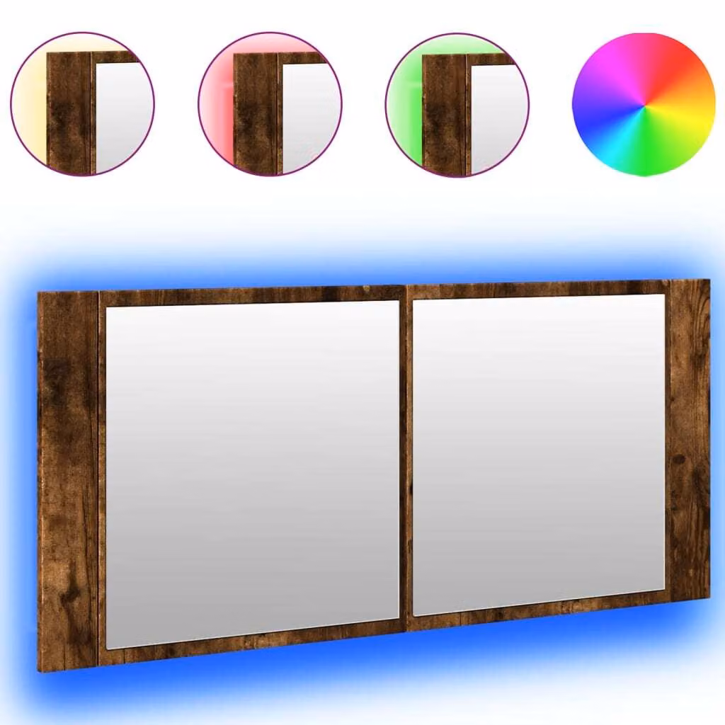 Armadietto a Specchio con LED Rovere Fumo 100x12x45 cm