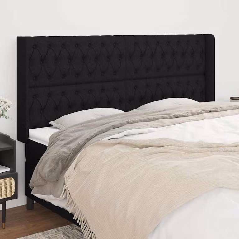 Testiera ad orecchio vidaXL in tessuto nero con struttura in legno e pannello imbottito L: 203 cm, P: 16 cm, H: 118 cm