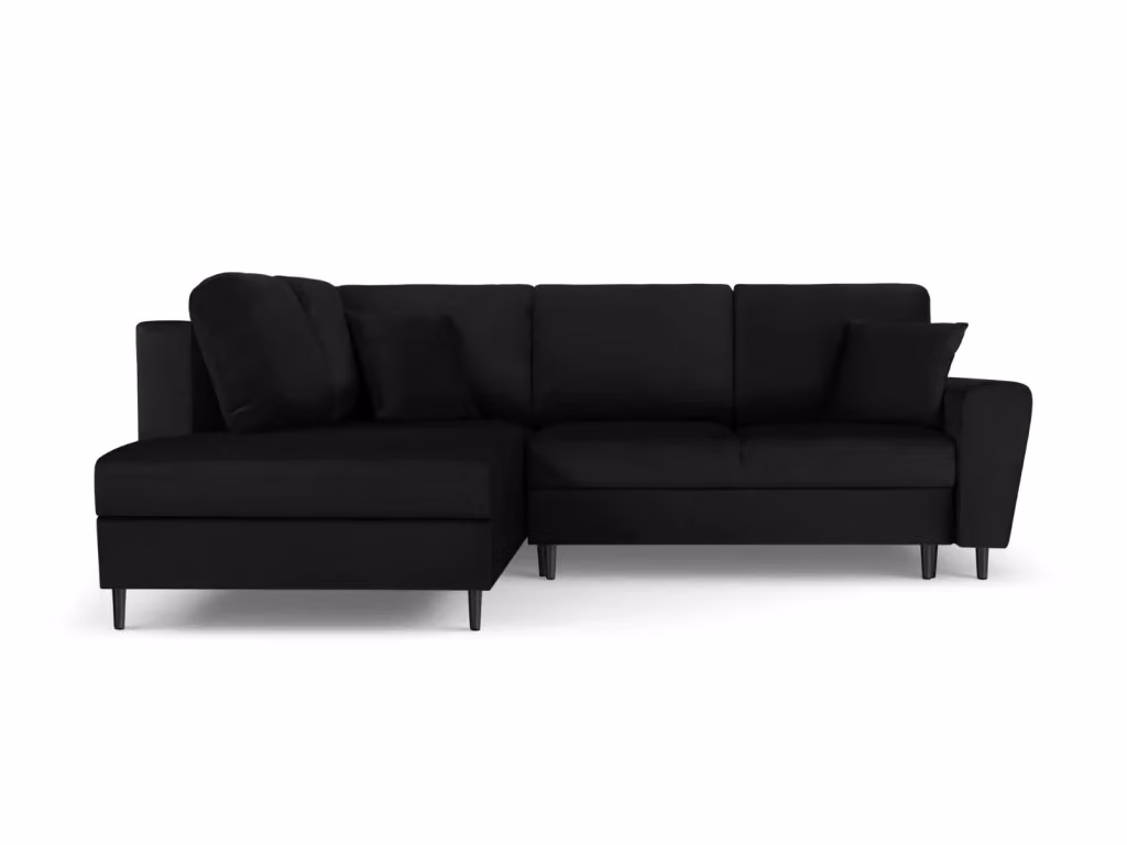 Divano angolare sinistro convertibile con contenitore Kyoto di Cosmopolitan Design in velluto nero, 5 posti – 2