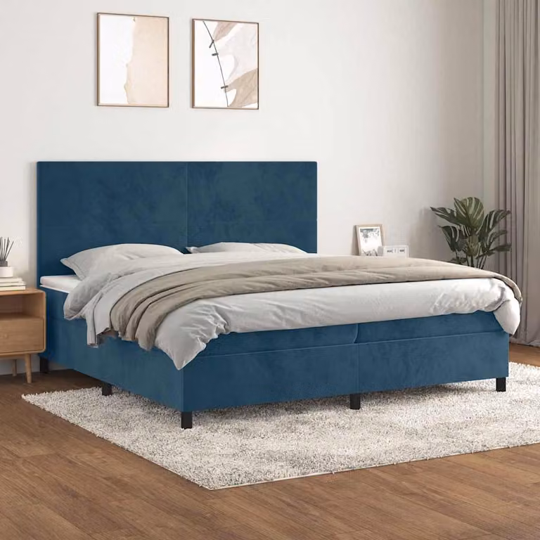 Letto con Giroletto a Molle e Materasso Ibrido vidaXL in Velluto Blu Scuro L/P/H: 200 x 200 x 203 cm