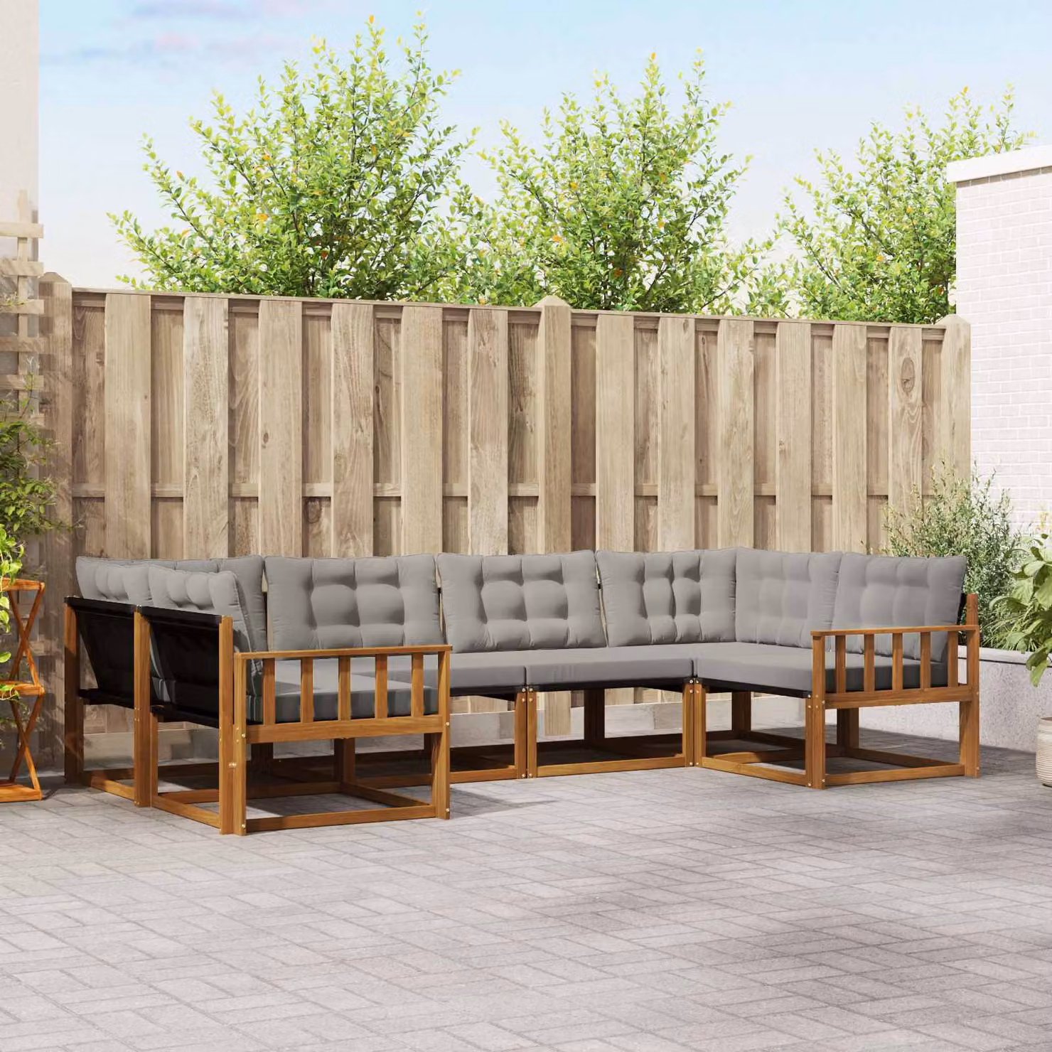 Set di divani da esterno vidaXL a forma di L composto da 6 pezzi in legno di acacia e tessuto textilene, colore beige e grigio