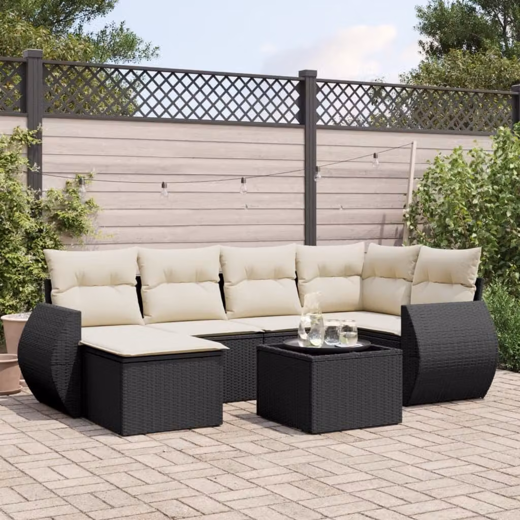 Set Divani da Giardino a L vidaXL in Polyrattan Nero con 7 Cuscini e Tavolino da Esterno – 1