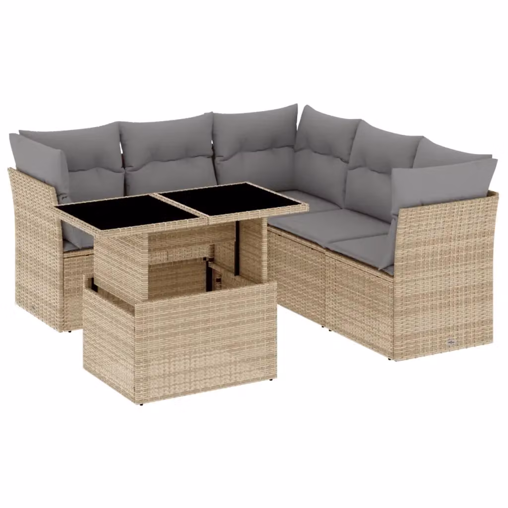 Set Divano da Giardino vidaXL 6 pz a Forma L con Cuscini Beige e Tavolino in Vetro – 2