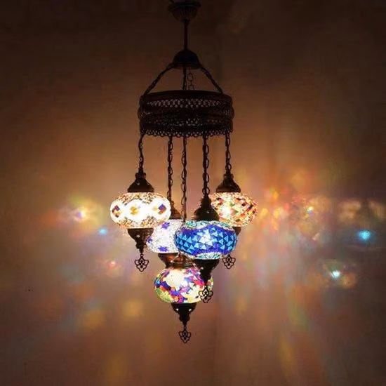 Lampada a sospensione Mozaïek in rame - Lampada turca con 5 sfere - Lampade Ostere con vetro a mosaico E14/E27