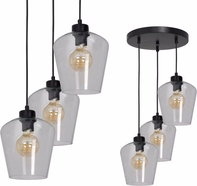 Lampadario sospeso moderno Milagro Santiago in metallo nero e vetro trasparente con 3 lampadine E27