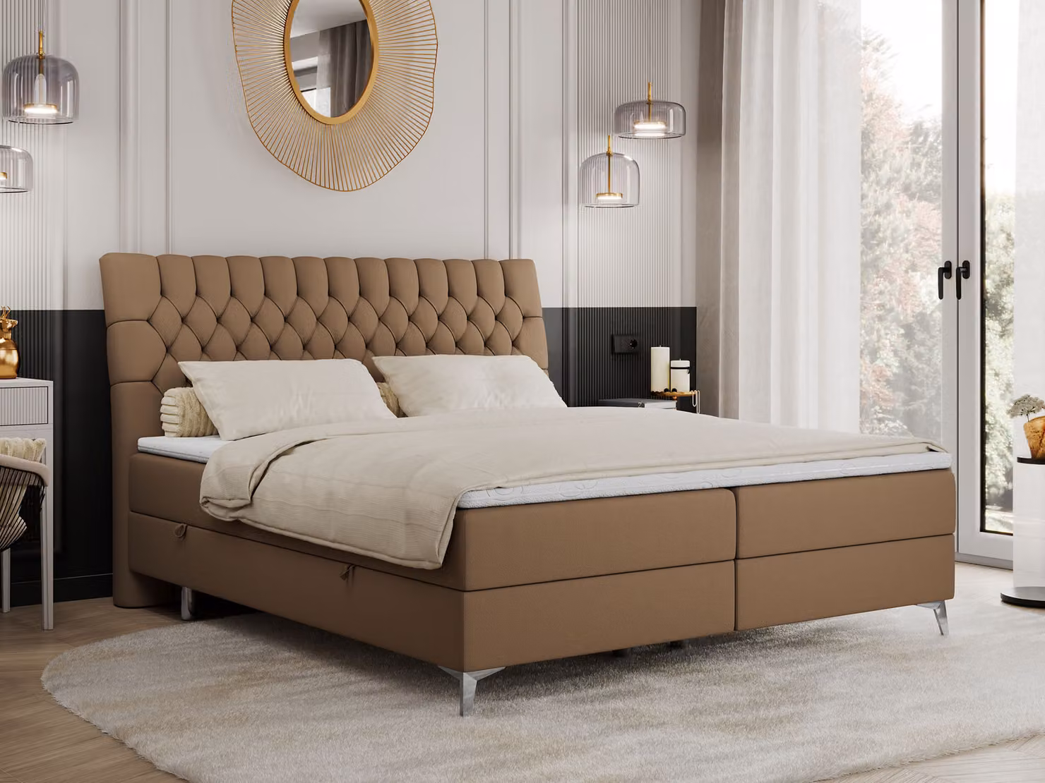 Letto con rete a molle 200x200 con 2 contenitori per la biancheria, materasso e topper, letto imbottito 200x200, letto 200x200 - MILEN - 200x200 cm - Marrone - Ecopelle - H4