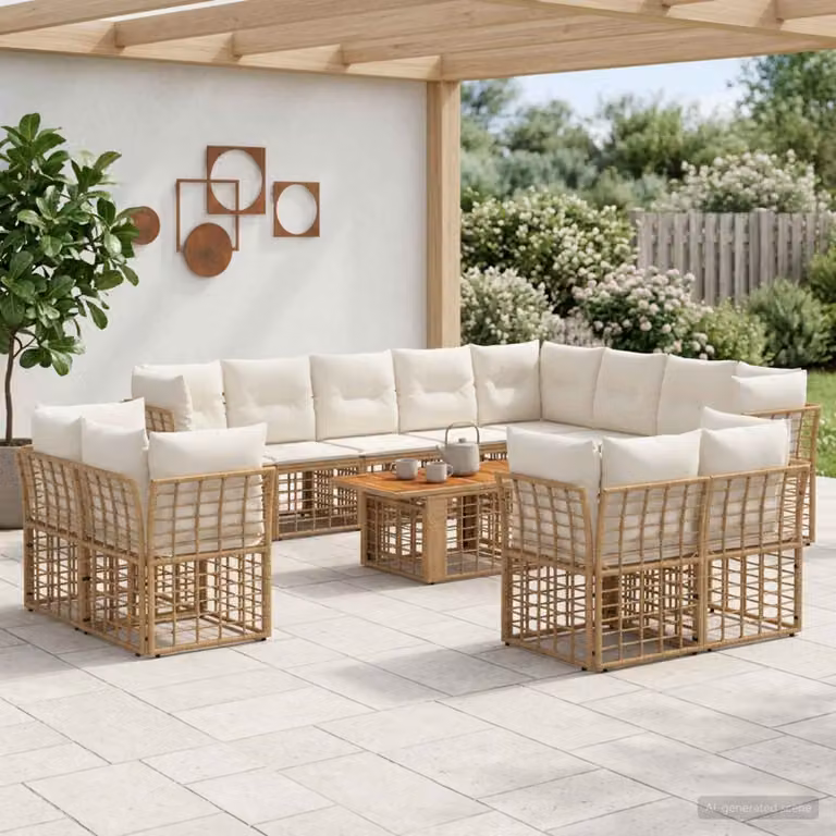 Set Divano da Giardino vidaXL 13 pz in Polyrattan con Cuscini e Tavolino, Colore Bianco e Beige, Forma a U per Terrazza e Giardino
