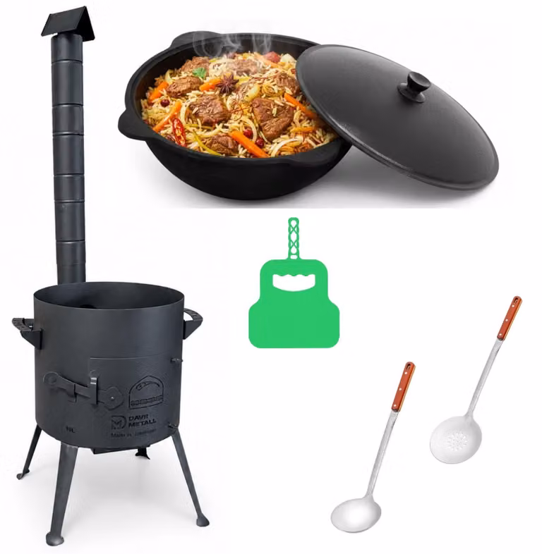 Ø36 cm Uchag in acciaio da 2 mm con tubo di scarico, Kazan da 10 litri in ghisa, Utschak, Utschag, cucina da campo, focolare Kazan, fornello da campeggio, cucina da esterno, fornello per stufati con mestolo, mestolo da minestra e griglia