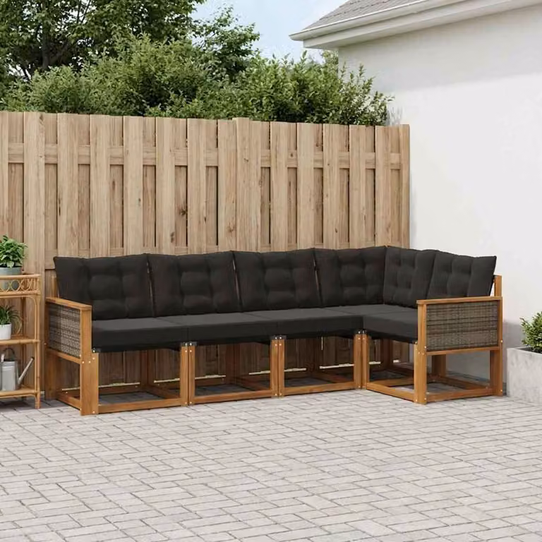Set di divani da esterno vidaXL a forma di L composto da 5 pezzi in legno di acacia e tessuto textilene, colore marrone e nero