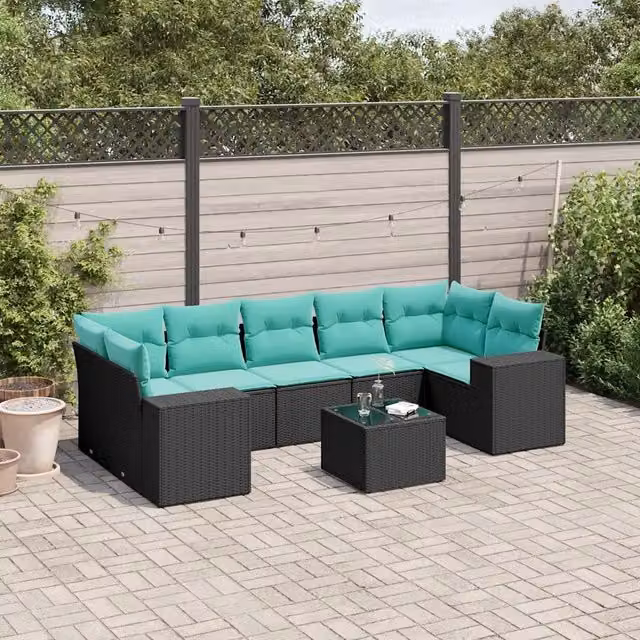 Set di Divani da Giardino vidaXL a Forma di U con 8 Pezzi, Polyrattan e Cuscini, Nero
