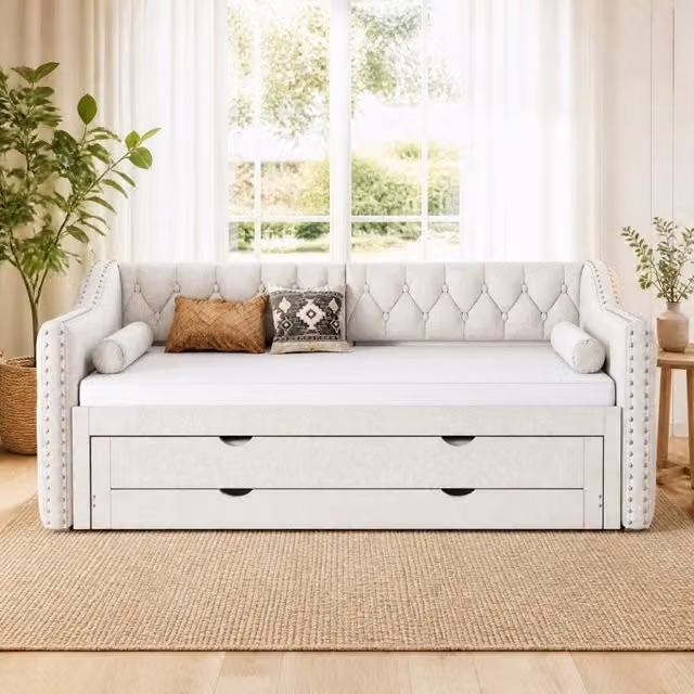 Letto da giorno imbottito 90x200 cm beige con LED, letto estraibile e 3 cassetti