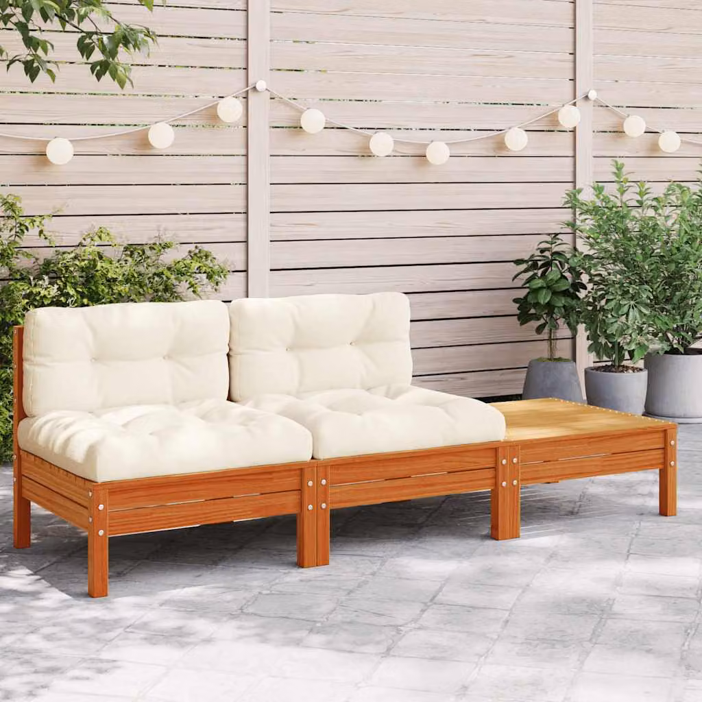 vidaXL Divano da Giardino in Legno di Pino Trattato con Cuscini e Poggiapiedi, 2 Posti, Marrone e Beige – 1