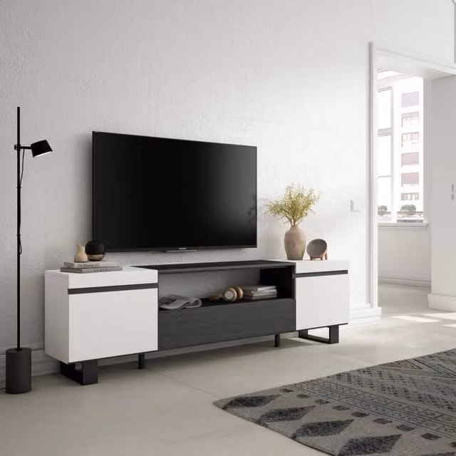 Mobile TV, 200x35x57cm, soggiorno, Per TV fino a 80", Design industriale, Bianco e nero RF2203