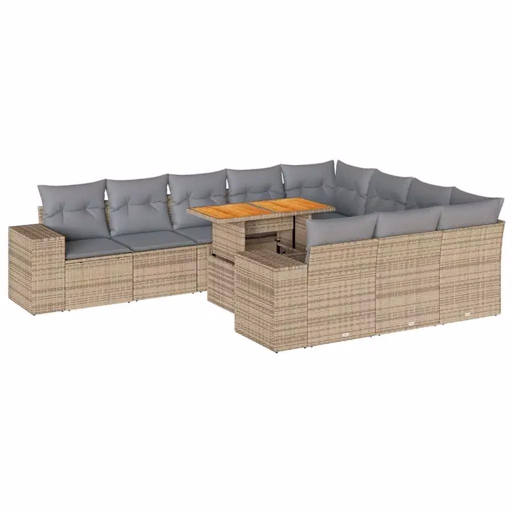 Set da giardino componibile a L vidaXL in polyrattan e legno di acacia con 10 pezzi e cuscini beige e grigi – 2