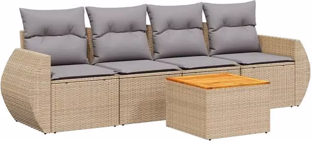 Set Divano da Giardino 5 pz | Set Salotto da Giardino con Cuscini Beige in Polyrattan