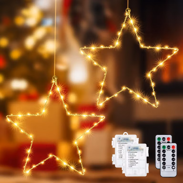Set di 2 stelle natalizie a LED, 80 LED, luce bianco caldo, alimentate a batteria