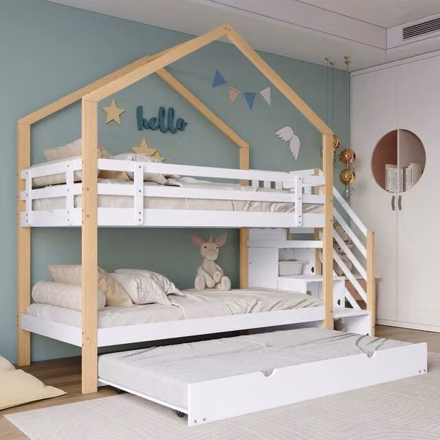 Letto a castello a 3 posti 90 × 200 cm e 90 × 190 cm, estraibile, 4 cassetti, senza materasso, bianco naturale
