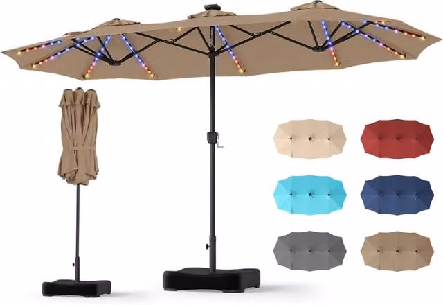 Ombrellone doppio da giardino con luci regolabili manovella base, Ombrellone ampio doppio protezione solare resistente Marrone