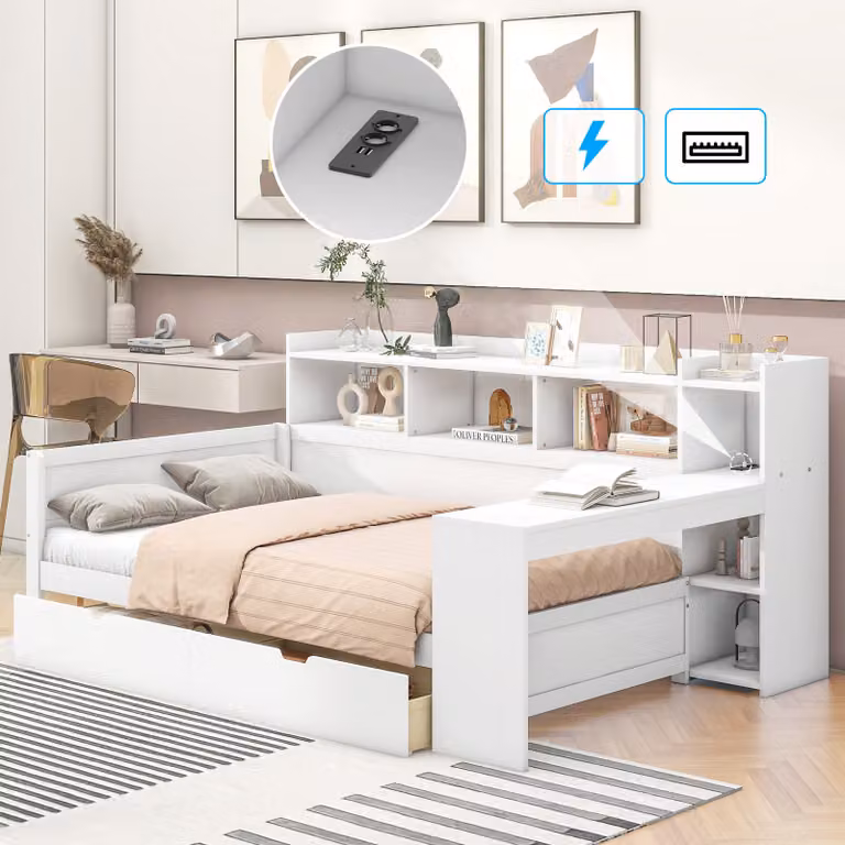 STILVORA Divano letto 90 x 200 cm, divano letto con presa di corrente e porta USB, letto per ragazzi con 2 cassetti e scrivania, bianco (senza materasso)