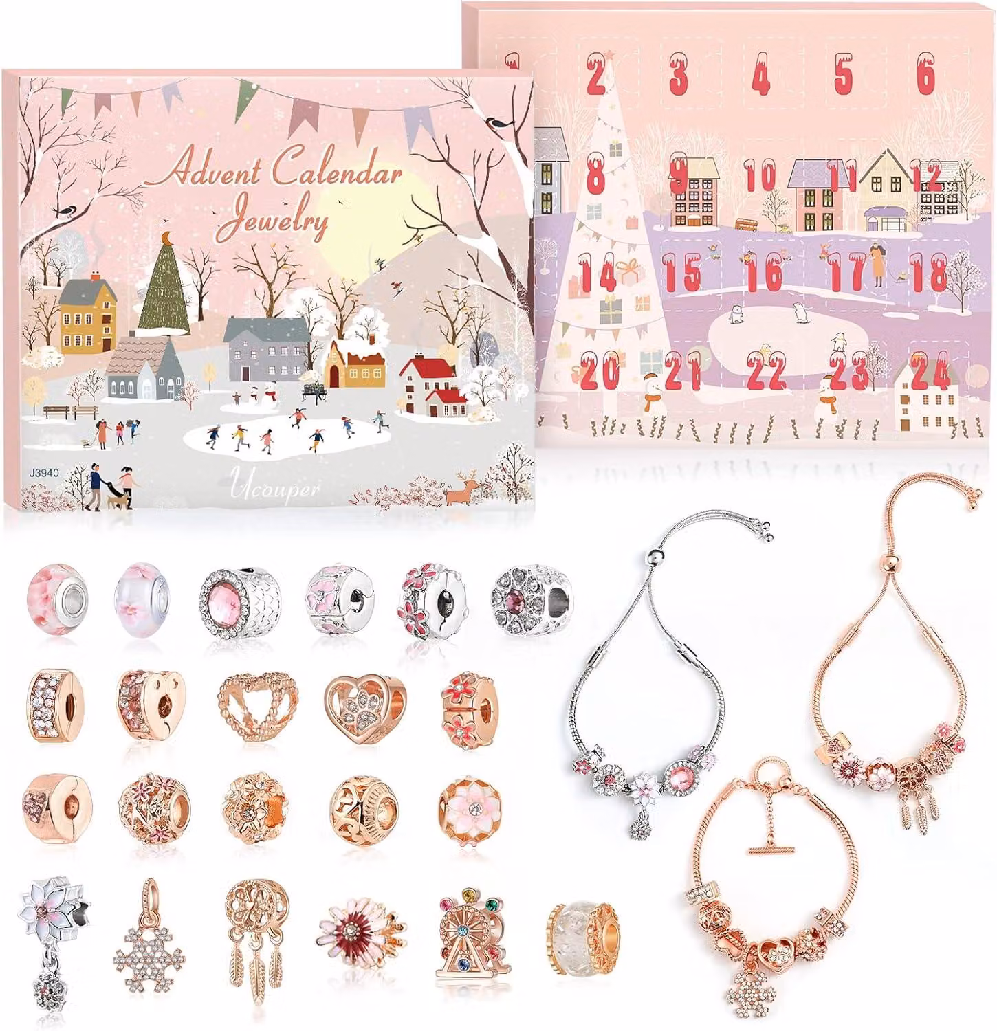 Calendario dell'Avvento Gioielli con 3 braccialetti regolabili 22 perline di fascino per ragazze donne Calendario di Natale regalo di Natale fai da te